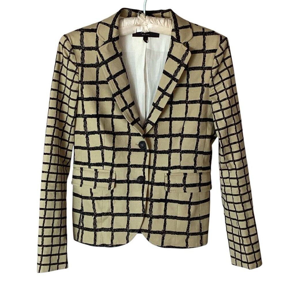 Rag & Bone Sz 2 Windowpane Plaid Blazer Made in USA Silk Blend Lined Black Khaki - Picture 3 of 12